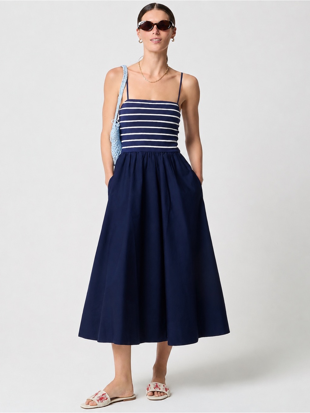 NWT J.Crew Factory Mixed-Media Midi Dress 2X Navy Ivory Striped Cotton Plus Size